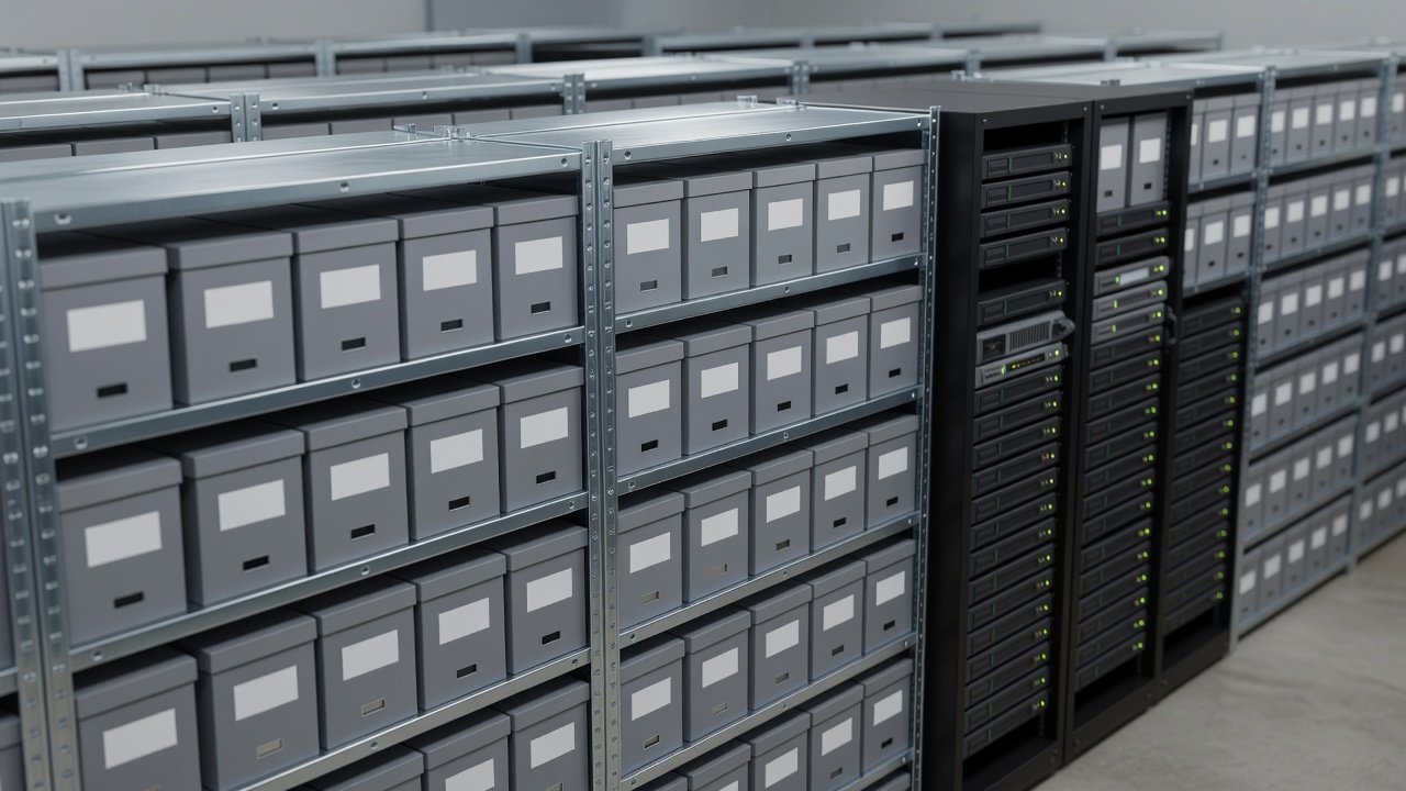 Rows of grey archive boxes on steel shelving next to a rack of storage arrays with green status lights