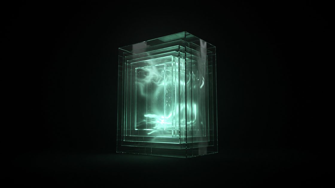 A glowing digital vault encased in layered glass panels, symbolizing locked, unchangeable backup data