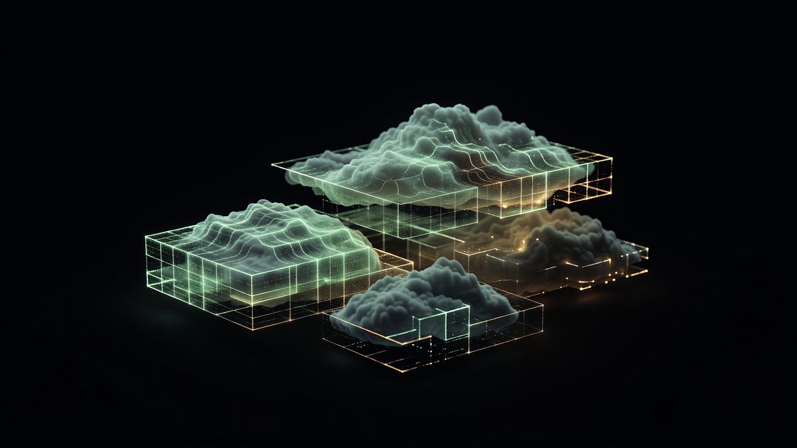 Abstract illustration of layered cloud data blocks protected by a translucent shield grid