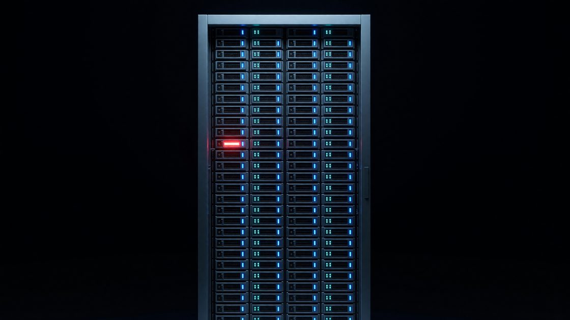 Abstract illustration of a striped disk array with one drive glowing red, disconnected from an offsite backup vault