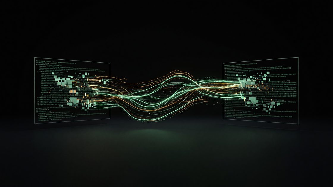 Abstract visualization of data blocks syncing between two terminal windows over an encrypted network channel