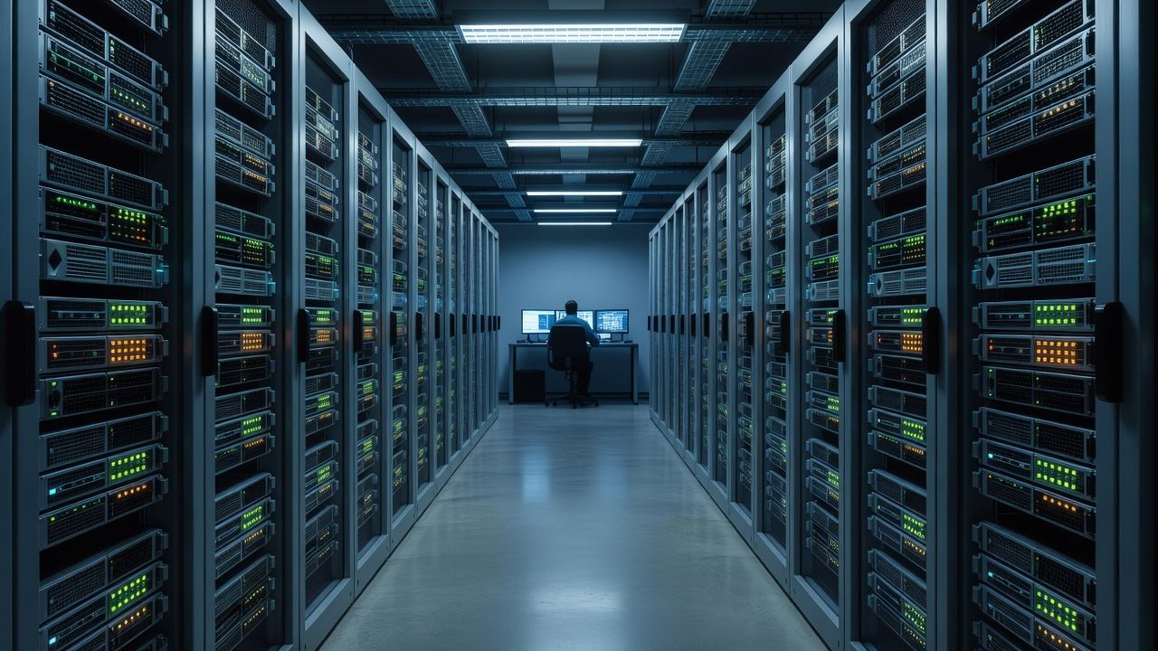 Server racks in a data centre with restore progress indicators, representing recovery from backup